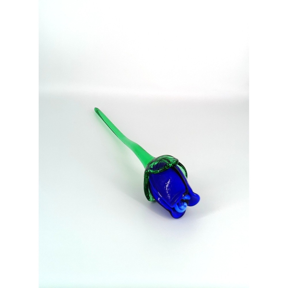 Vintage Murano Style Glass Blown Long Stem 13-3/4" Blue Glass Rose - Picture 6 of 9
